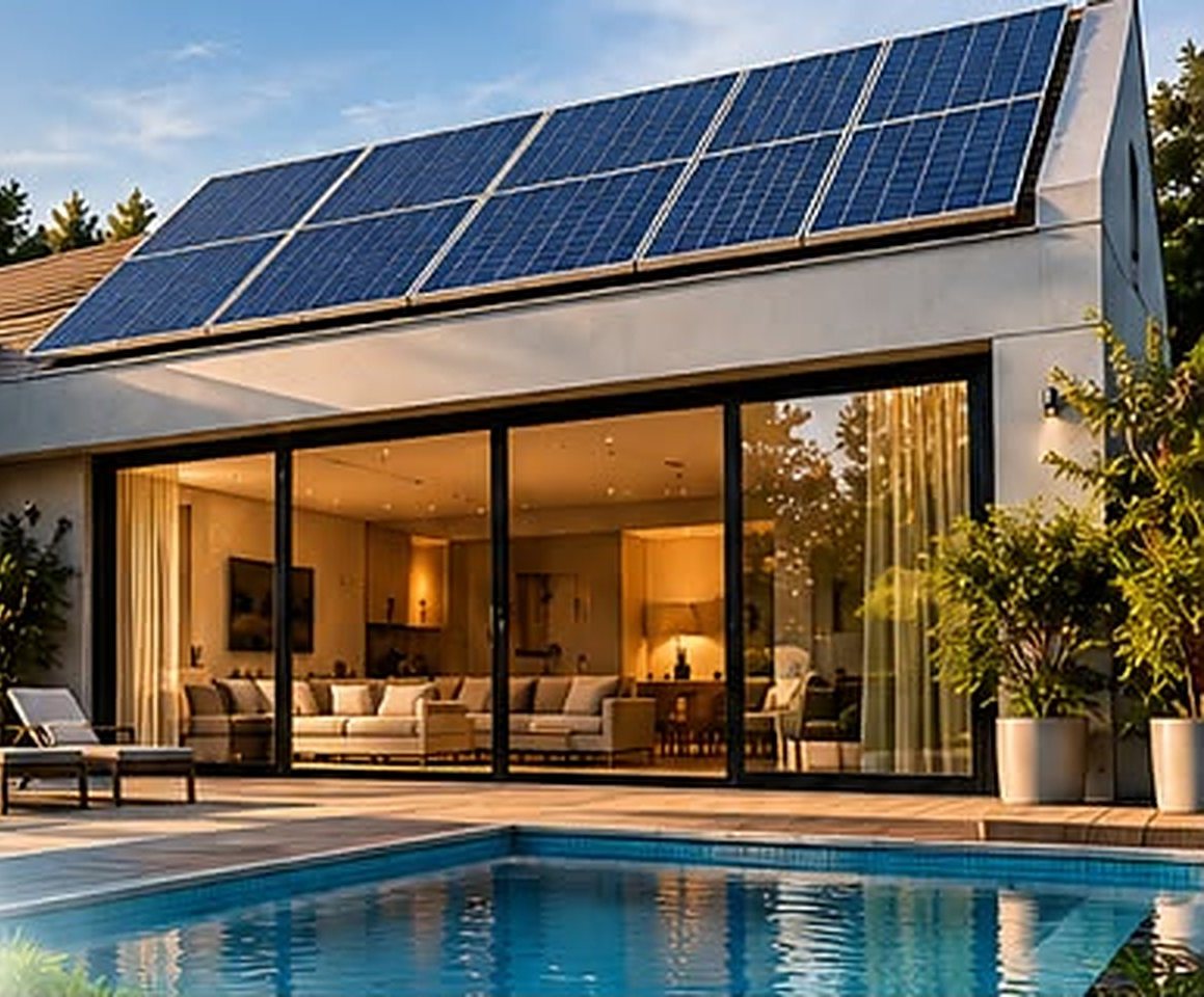 Casa moderna con paneles solares en el techo y piscina