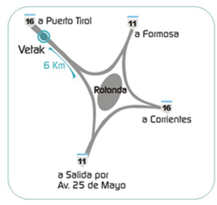 Croquis de acceso: desde la rotonda de las rutas 11 y 16, tomar la Ruta 16 hacia Puerto Tirol; VETAK está a 6 km